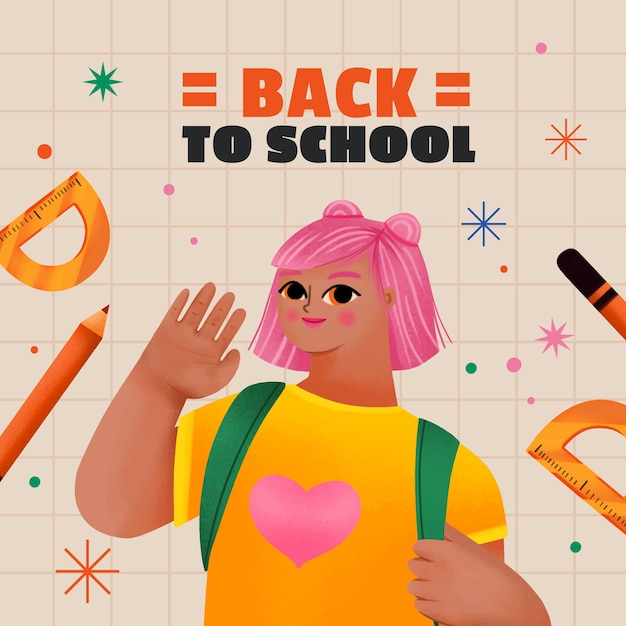 Vector watercolor back to school illustration with female student waving