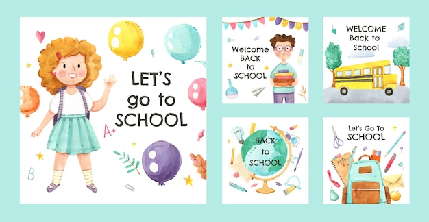 Vector watercolor back to school instagram posts collection