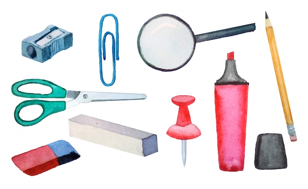 Watercolor back to school set of sharpener, scissors, eraser, chalk, magnifier, paper clip, marker, pencil, button.