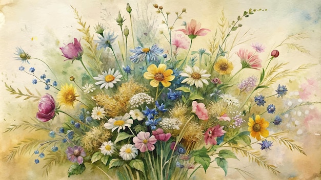 Watercolor background of assorted flowers in retro style