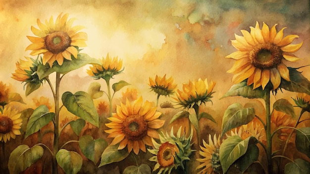 Vector watercolor background of blooming sunflowers