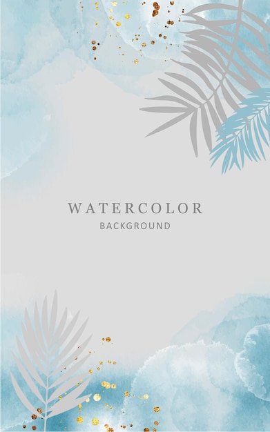 Watercolor background in blue tones with palm leaves