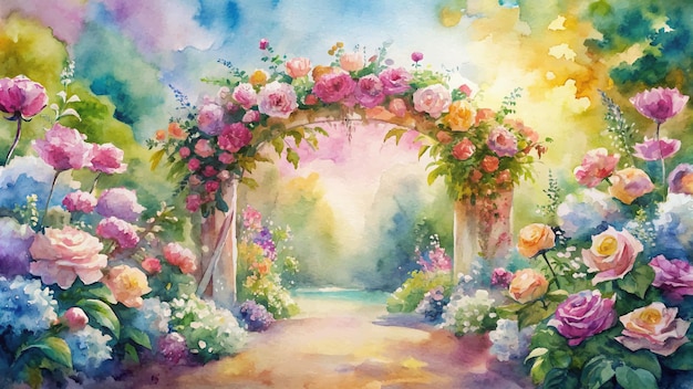 Watercolor background featuring floral arch decorations