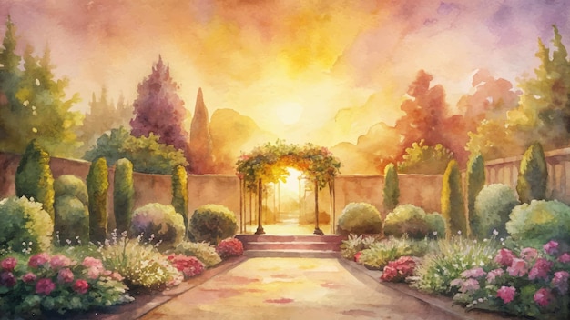 Vector watercolor background featuring a flower garden bathed in the evening sun