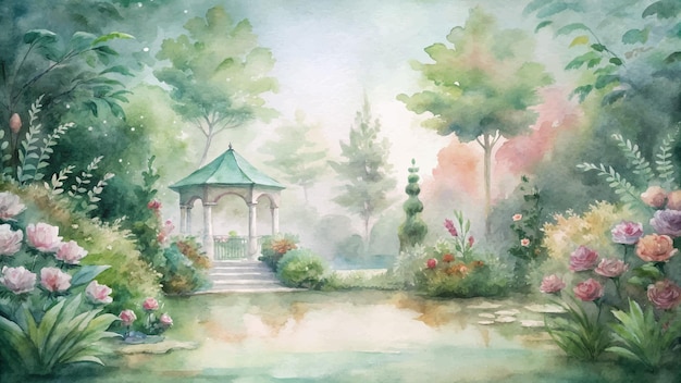 Акварельный фон с цветущим садом