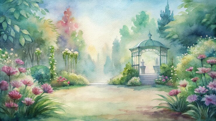 Vector watercolor background featuring a flowering garden