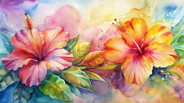 Vector watercolor background featuring hibiscus flowers