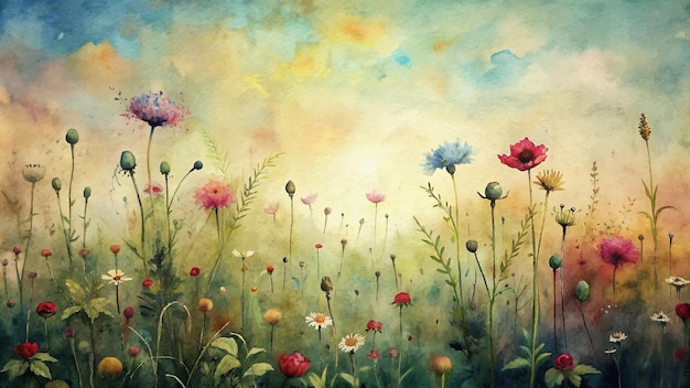 Watercolor background featuring rural meadows