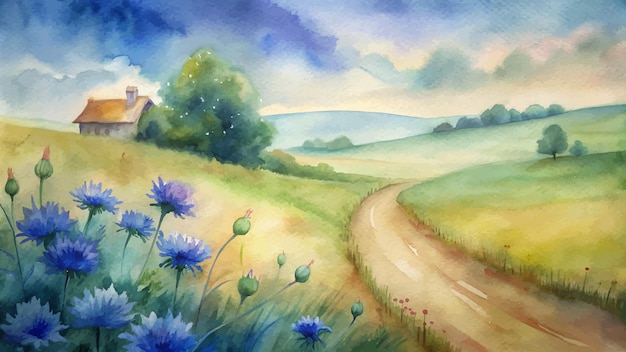 Watercolor background of flowers in the countryside