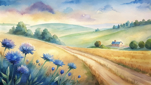 Vector watercolor background of flowers in the countryside