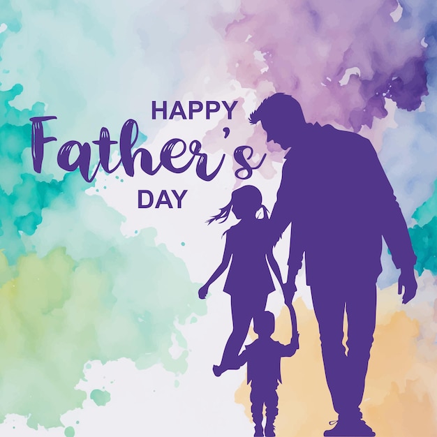 Watercolor Background Happy Father's Day With Dad And Children