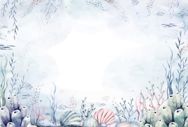 Watercolor background image with marine life seashells corals on a bright background Marine