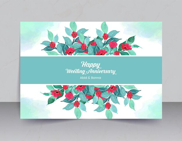 Vettore sfondo acquerello e foglie azzurre con carta di anniversario di matrimonio di fiori rossi