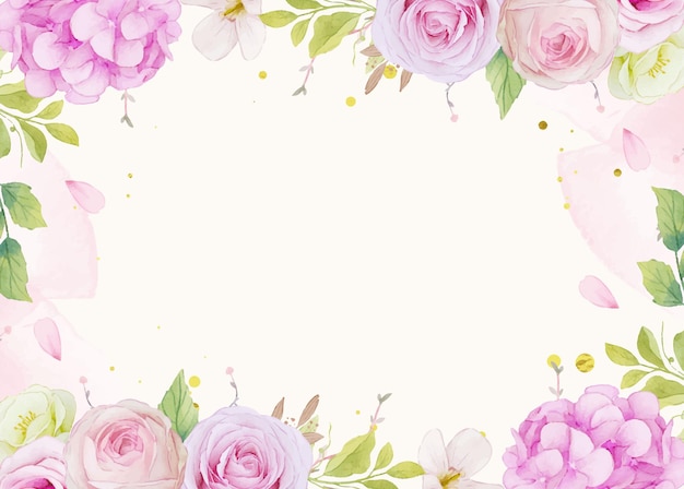 핑크 장미와 푸른 수국 꽃의 수채화 배경