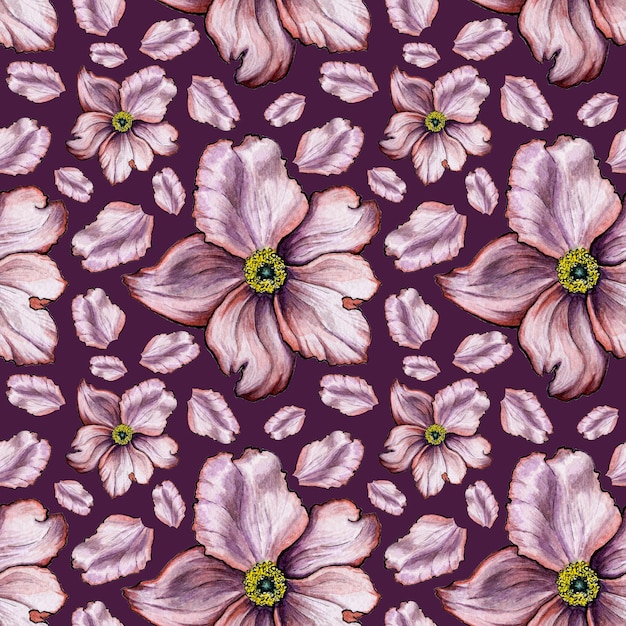 watercolor background seamless pattern wild garden rose on a purple background