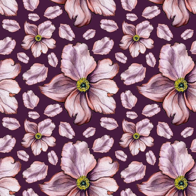 Watercolor background seamless pattern wild garden rose on a purple background