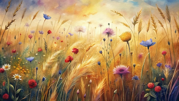 Watercolor background of swaying wildflowers