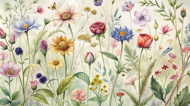 Watercolor background of various wildflowers with intricate natural beauty