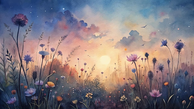 Watercolor background of wildflowers bathed in dusk light