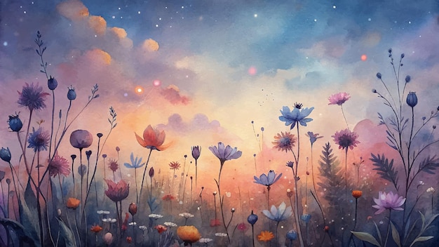 Watercolor background of wildflowers bathed in dusk light