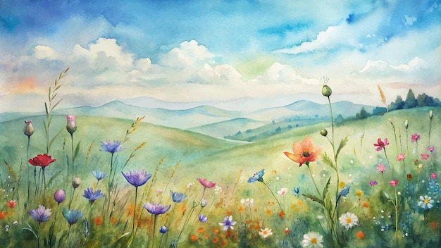 Watercolor background of wildflowers blowing in the wind