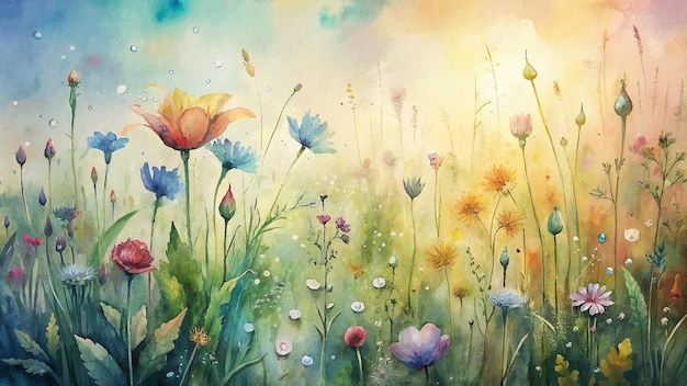 Watercolor background of wildflowers glistening in morning dew