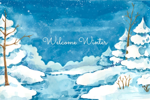 Vector watercolor background for winter season with nature landscape