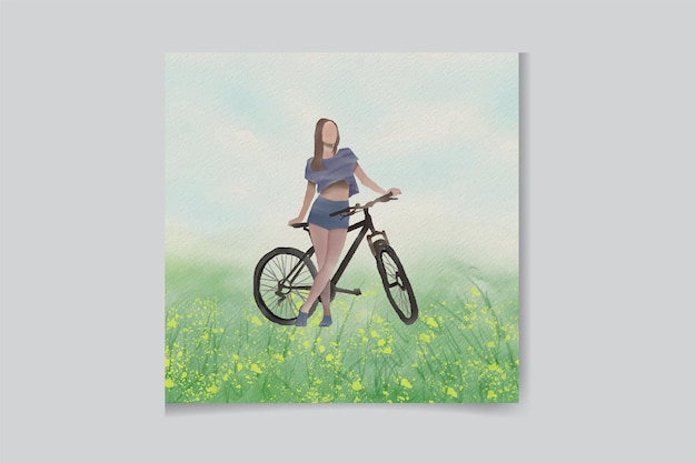 Watercolor background with bike girl and flowers