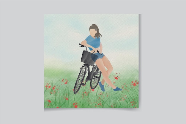 自転車の女の子と花の水彩画の背景