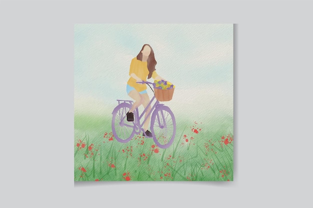 watercolor background with bike girl and flowers