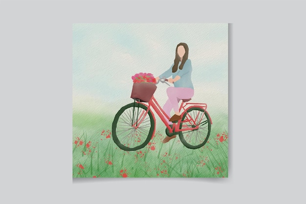 Watercolor background with bike girl and flowers