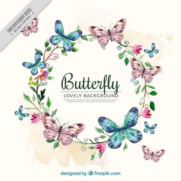 Vector watercolor background with floral wreath and butterflies