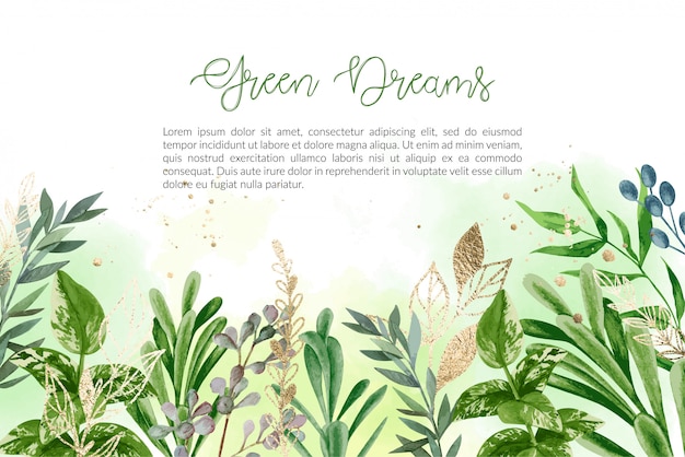 Vector watercolor background with hand drawn greenery and golden elements