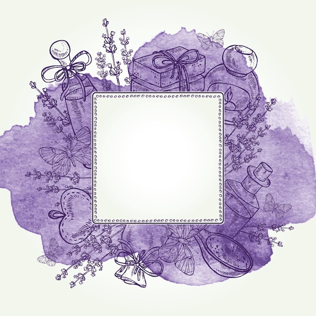 Watercolor background with lavender, essential oil, soap and butterfly. hand drawn