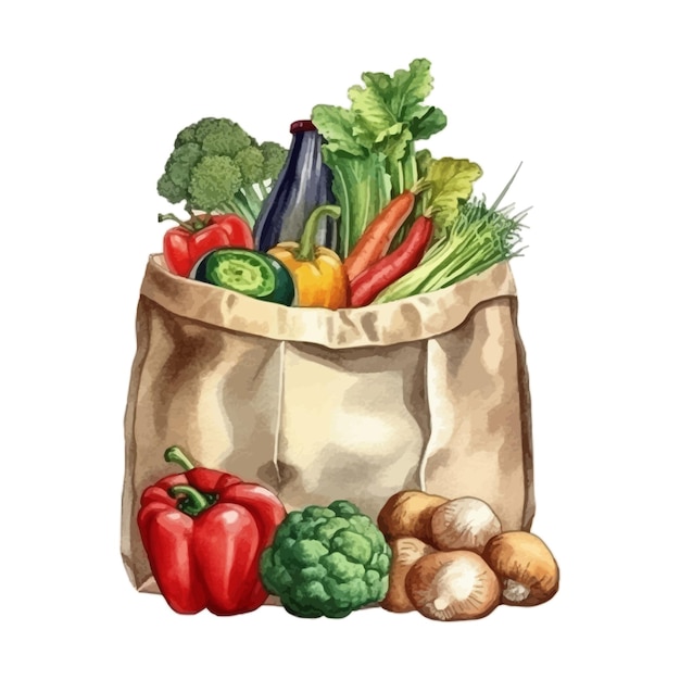 Vector watercolor bag full of fresh vegetables salad broccoli carrot watermelon squash pepper tomato in craft bag