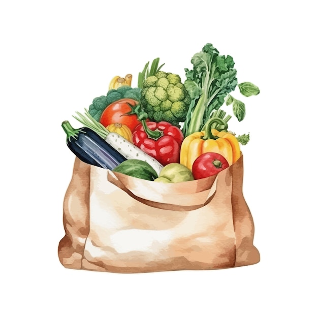 Vector watercolor bag full of fresh vegetables salad broccoli carrot watermelon squash pepper tomato in craft bag