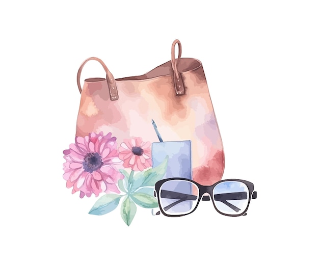 Watercolor bag with sketchbook flower and glasses Vector illustration design