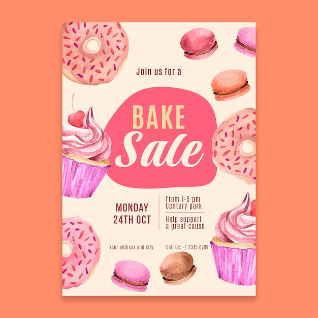 Vector watercolor bake sale flyer template