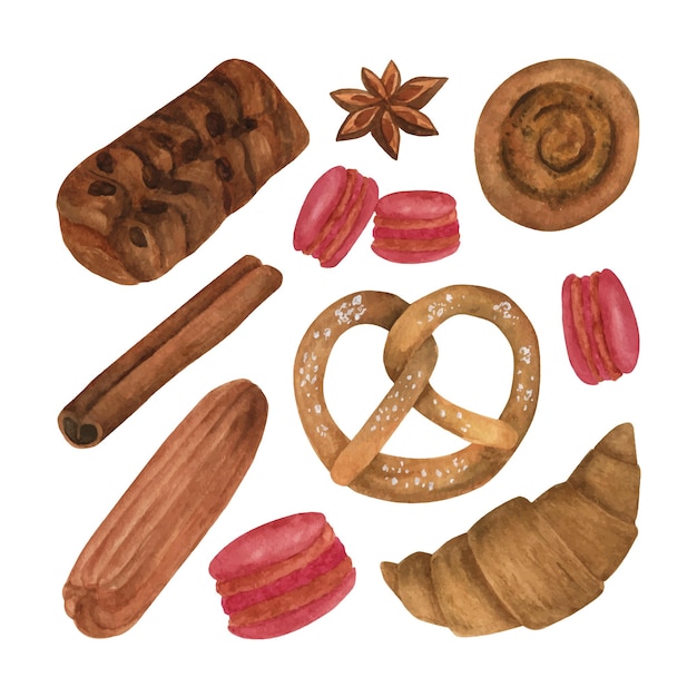 Vector watercolor bakery clipart collection hand drawn watercolor baked goods