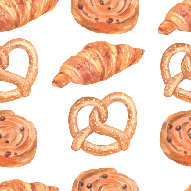 水彩のベーカリーパターン色付きのクロワッサンベーグルケシの実のパンはベリーで飾られます