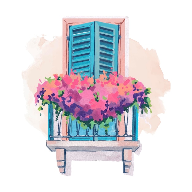 Watercolor balcony with flowers