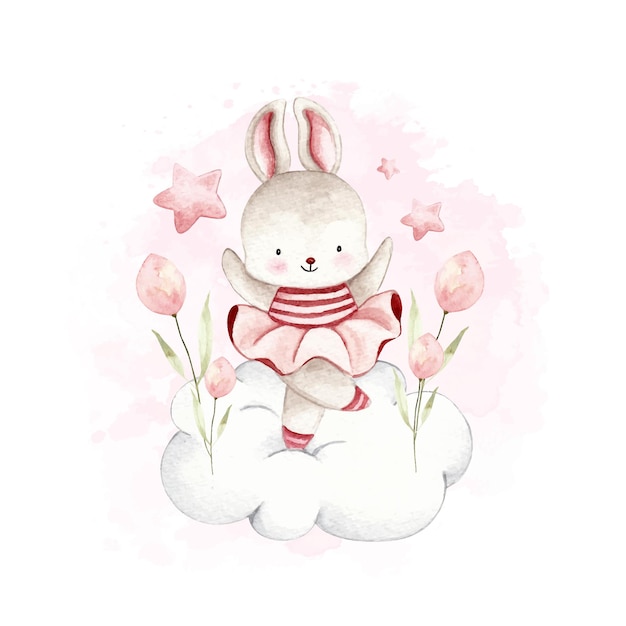 Watercolor ballerina rabbit dancing on the cloud and pink flower and star