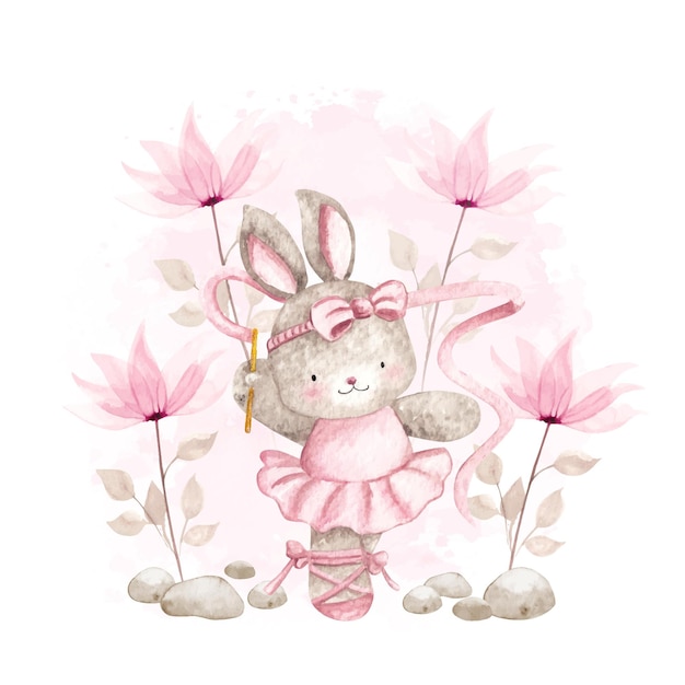 Watercolor ballerina rabbit with pink flowers