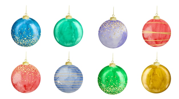 Vector watercolor balls for a christmas tree with gold decor