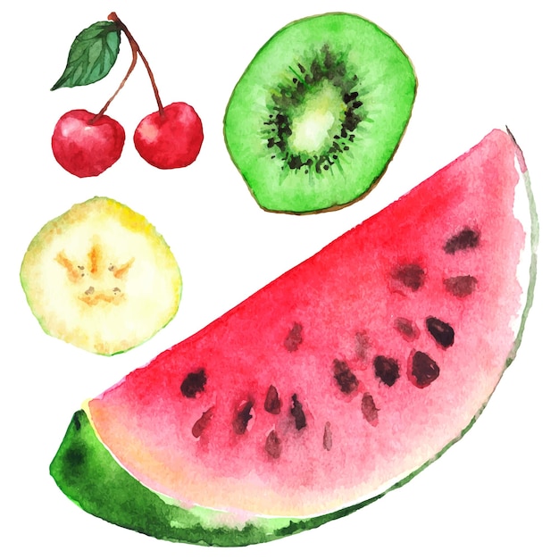 Watercolor banana kiwi cherry watermelon berry fruit set isolated vector