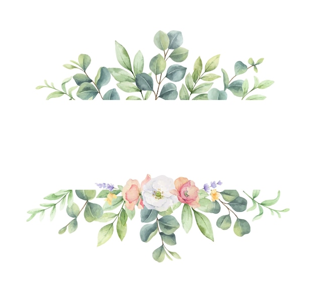 Watercolor banner of green branches and wildflowers