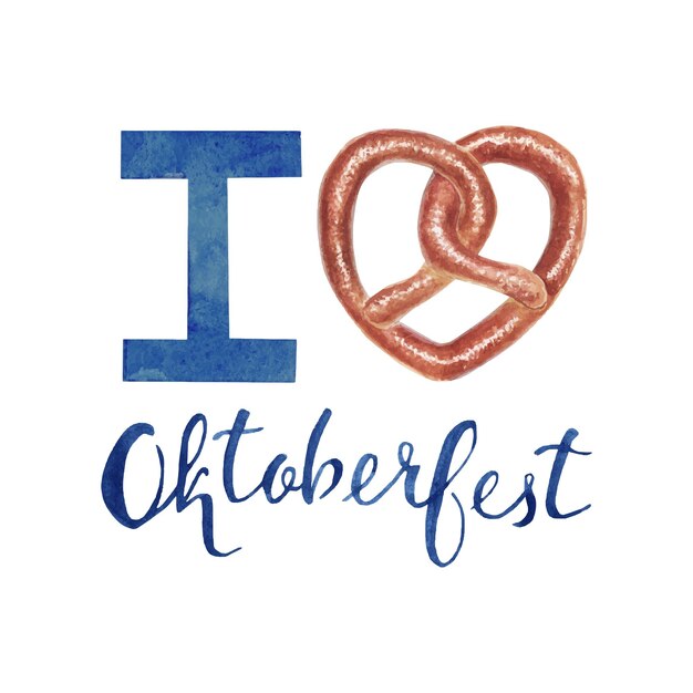 Vector watercolor banner for oktoberfest with pretzel and lettering i love oktoberfest. vector illustration