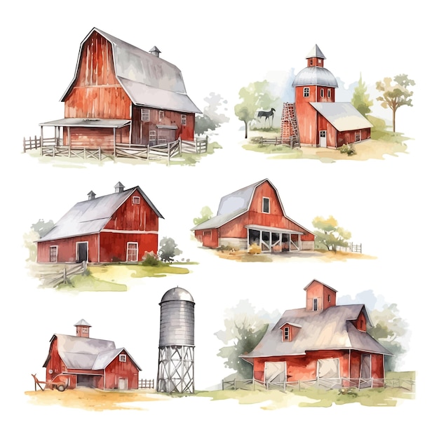 Watercolor Barns Clipart Farm Style Red Barn House Horse Tractor Windmill Wood Gate Illustration