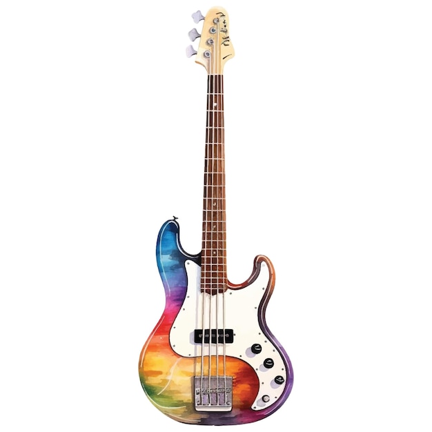 Vector watercolor bass guitar on white background