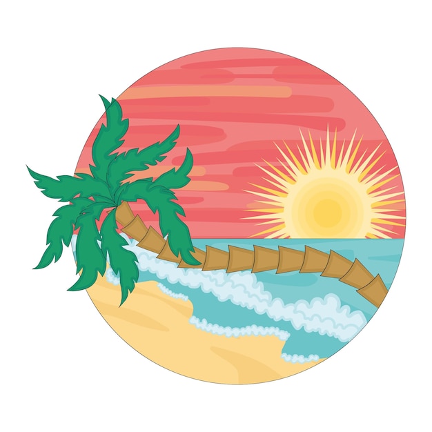 Акварельный пляжный пейзаж с закатом и пальмой Вектор